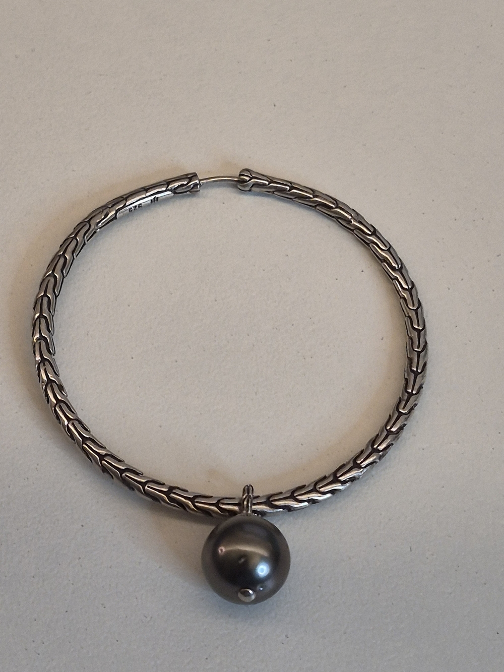 John Hardy Single Tahitian Pearl Drop Sterling Silver 1.75" Hoop Earring.